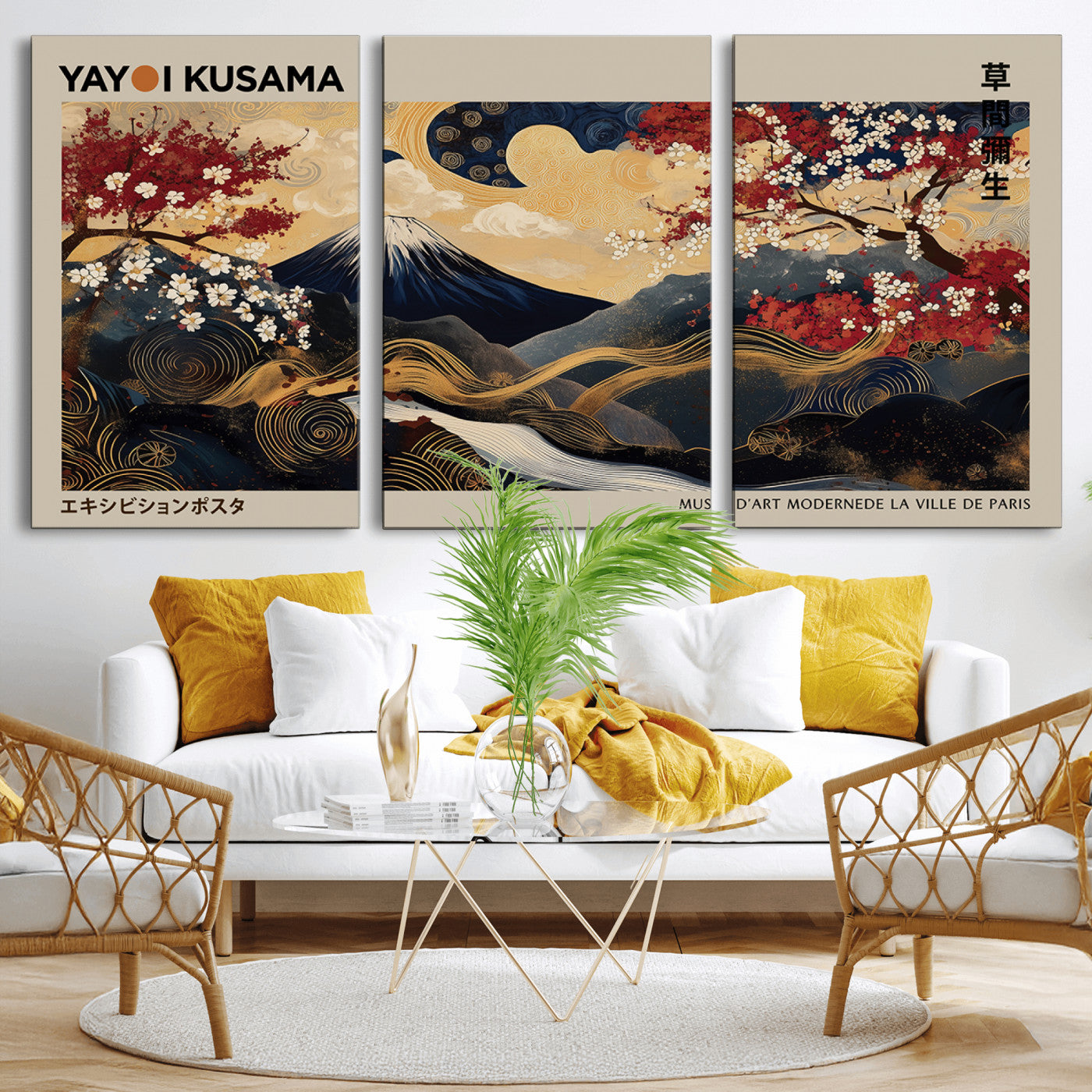 54967195-MGV-CV-36X24-Mount Fuji Wall Art – Japanese Cherry Blossom Abstract Canvas Print, Navy Gold Landscape Painting, Oriental Luxury Home Decor