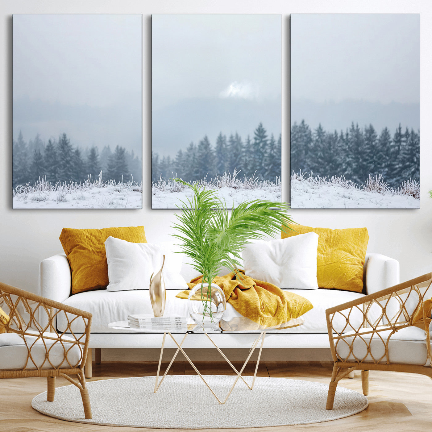33033082-MGV-CV-36X24-Winter Forest Art Wall Art Canvas Print, Framed Snowy Landscape Art Picture Print, Misty Tree Scene Perfect Nordic Minimalist