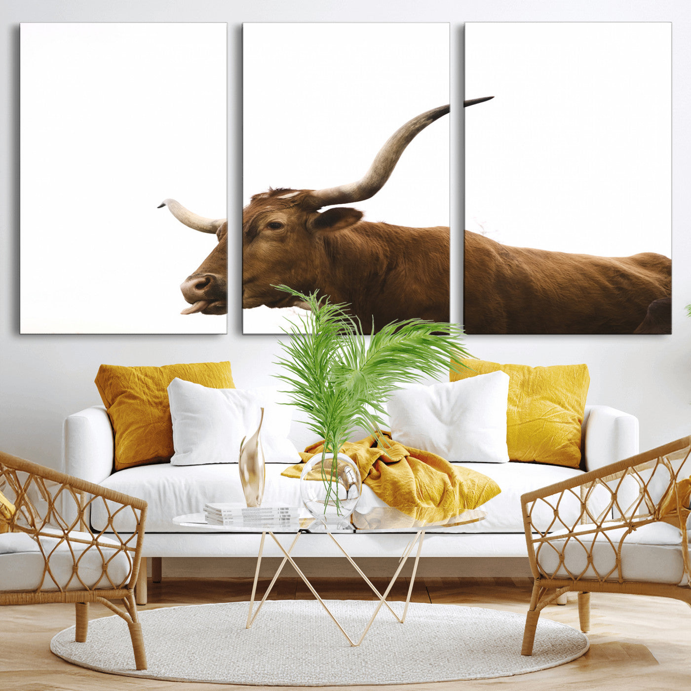 62566114-MGV-CV-36X24-Longhorn Cow Art Wall Art Canvas Print, Framed Rustic Animal Decor Art Picture Print, Texas Bull Photo Perfect Rustic Farmhouse