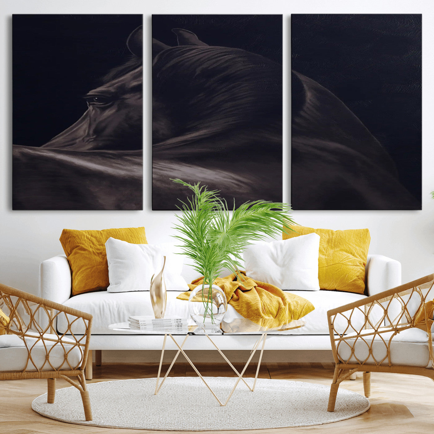 67026880-MGV-CV-36X24-Black Horse Portrait Wall Art Canvas Print, Framed Moody Horse Decor Art Picture Print, Equestrian Wall Style Perfect Masculine