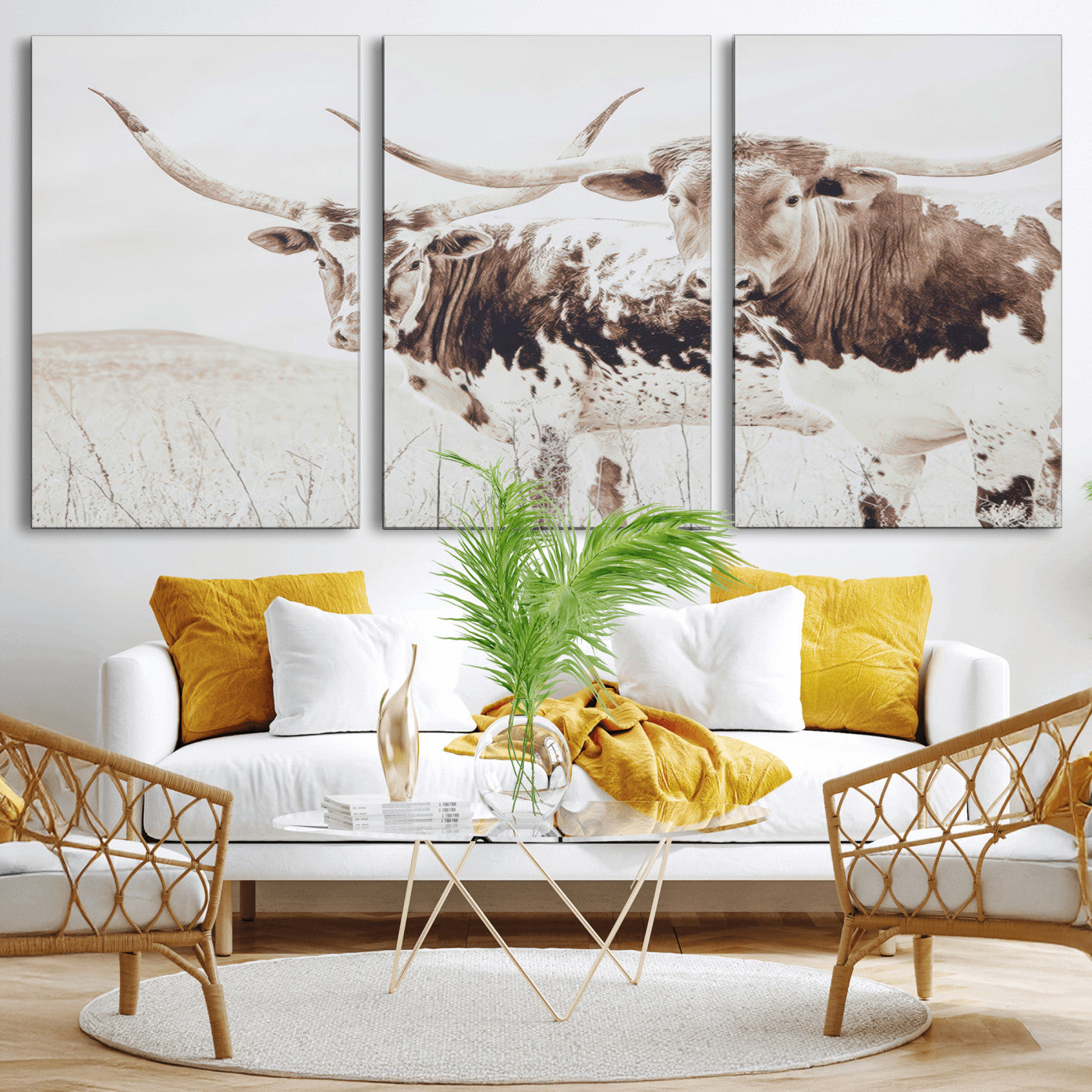 48161868-MGV-CV-36X24-Longhorn Cow Decor Wall Art Canvas Print, Framed Rustic Cattle Art Picture Print, Sepia Western Vibe Perfect Neutral Rustic