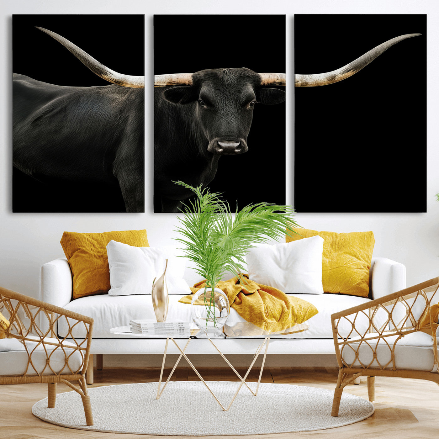 23572907-MGV-CV-36X24-Texas Longhorn Wall Art Canvas Print, Framed Rustic Western Decor Art Picture Print, Farmhouse Animal Perfect Modern Western