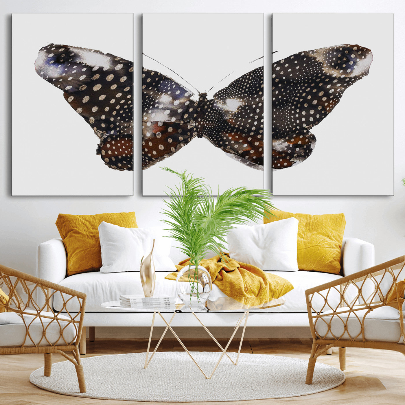 99831147-MGV-CV-60X30-3P-Spotted Butterfly Wall Art Canvas Print, Framed Neutral Insect Theme Art Picture Print, Earthy Wing Pattern Perfect Modern Rustic