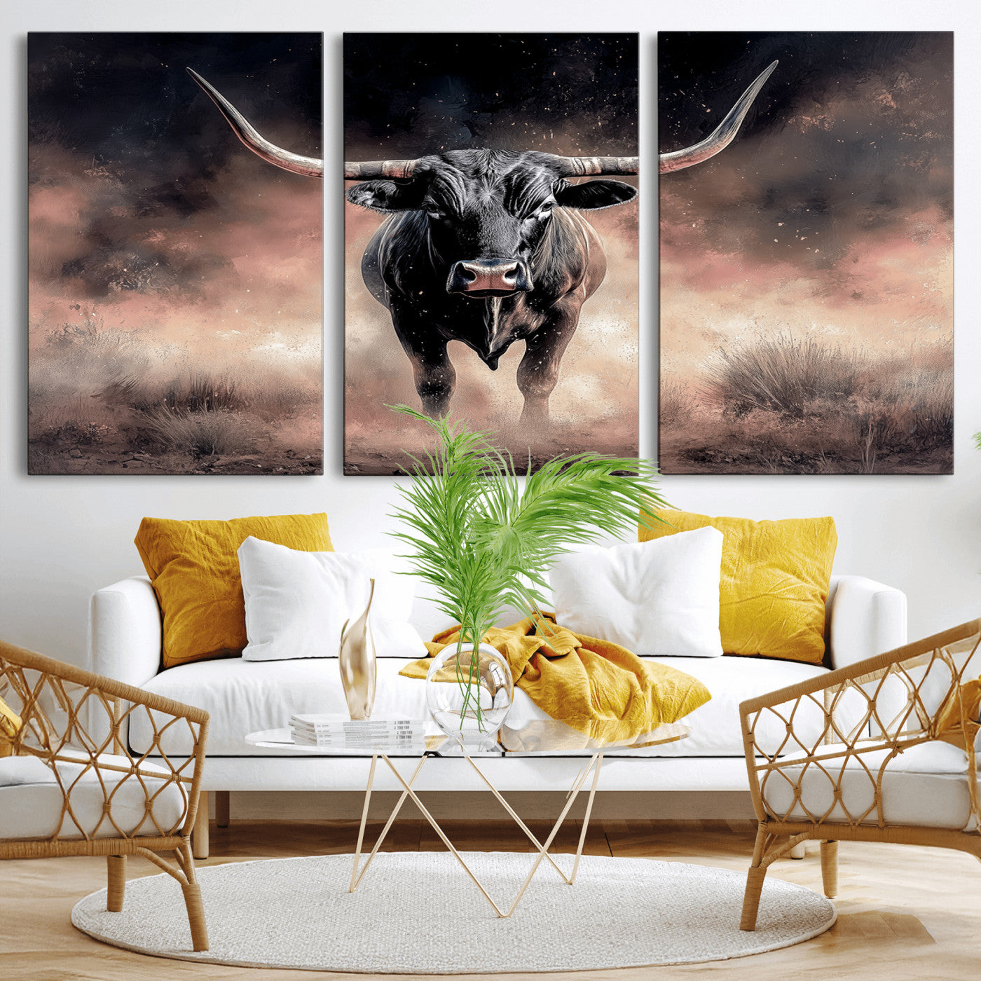 71457818-MGV-CV-36X24-Longhorn Wall Art Wall Art Canvas Print, Framed Western Bull Canvas Art Picture Print, Rustic Cow Decor Perfect Western Dramatic