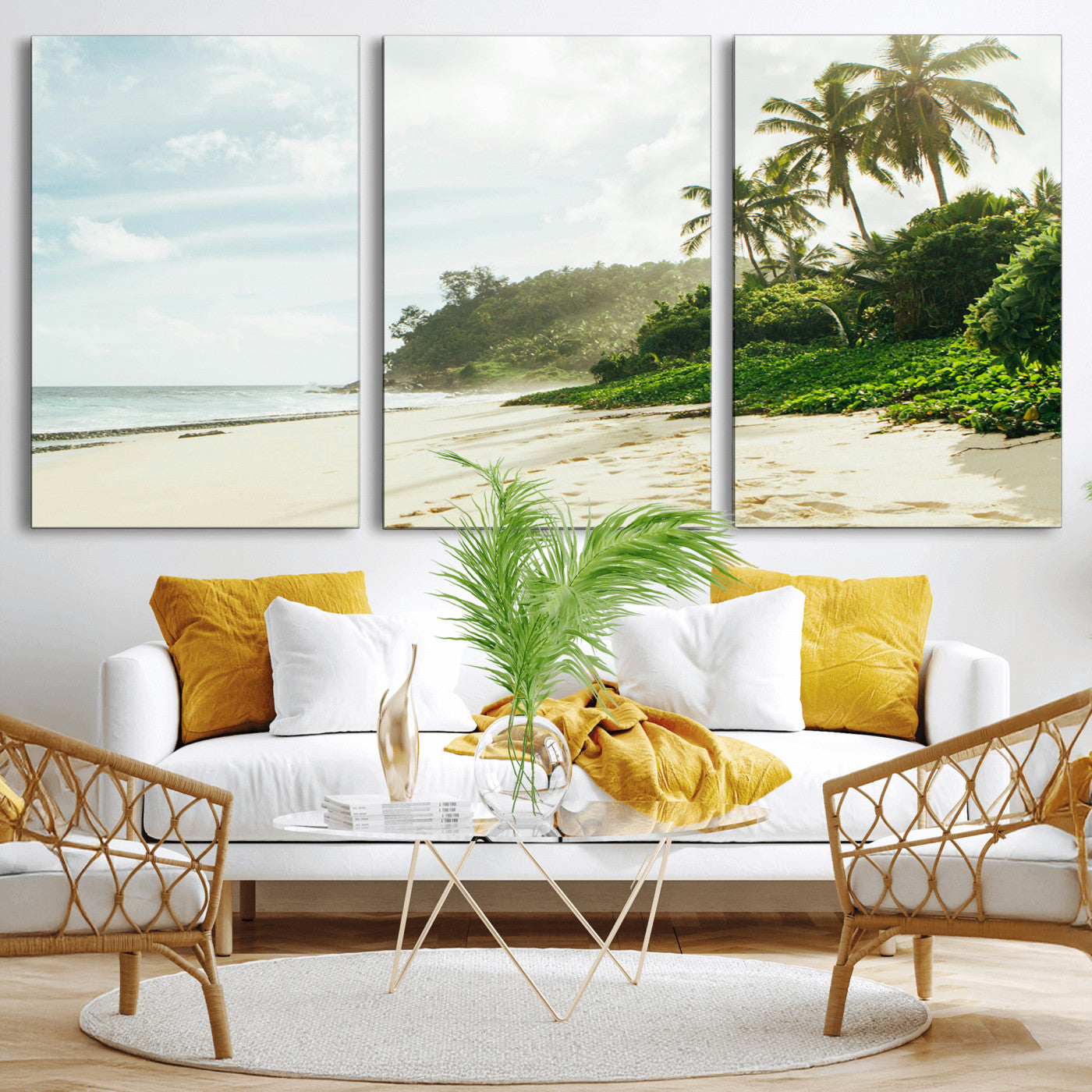 42984524-MGV-CV-60X30-3P-Relaxing Beach Wall Art Canvas Print, Framed Ocean View Art Picture Print, Coastal Serenity Perfect Tropical Coastal Decor Artwork
