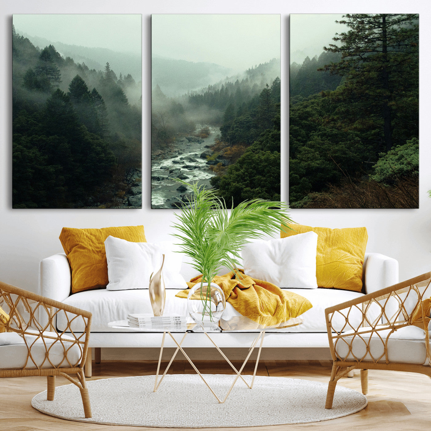 48497565-MGV-CV-36X24-Misty Forest Wall Art Canvas Print, Framed Foggy River Art Picture Print, Moody Landscape Perfect Moody Wilderness Decor Artwork
