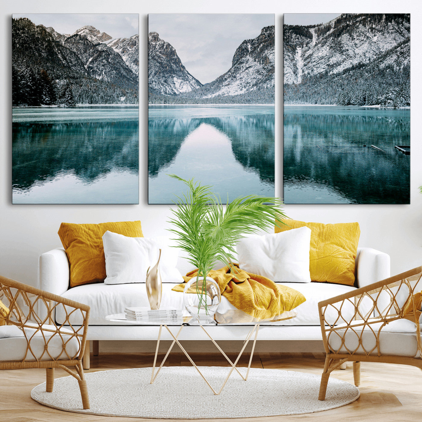 73098373-MGV-CV-36X24-Mountain Lake Wall Art Canvas Print, Framed Winter Wonderland Art Picture Print, Snowy Peaks Perfect Modern Nature Decor Artwork