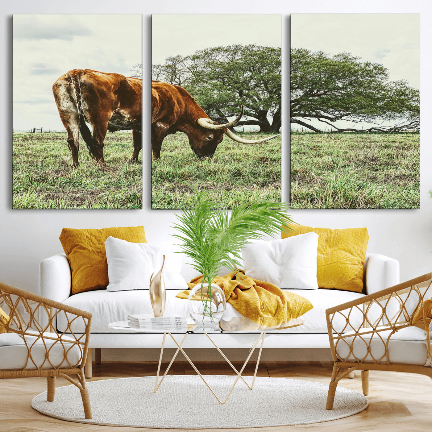 91866234-MGV-CV-36X24-Texas Longhorn Wall Art Canvas Print, Framed Rustic Ranch Art Picture Print, Western Cattle Perfect Rustic Farmhouse Decor Artwork