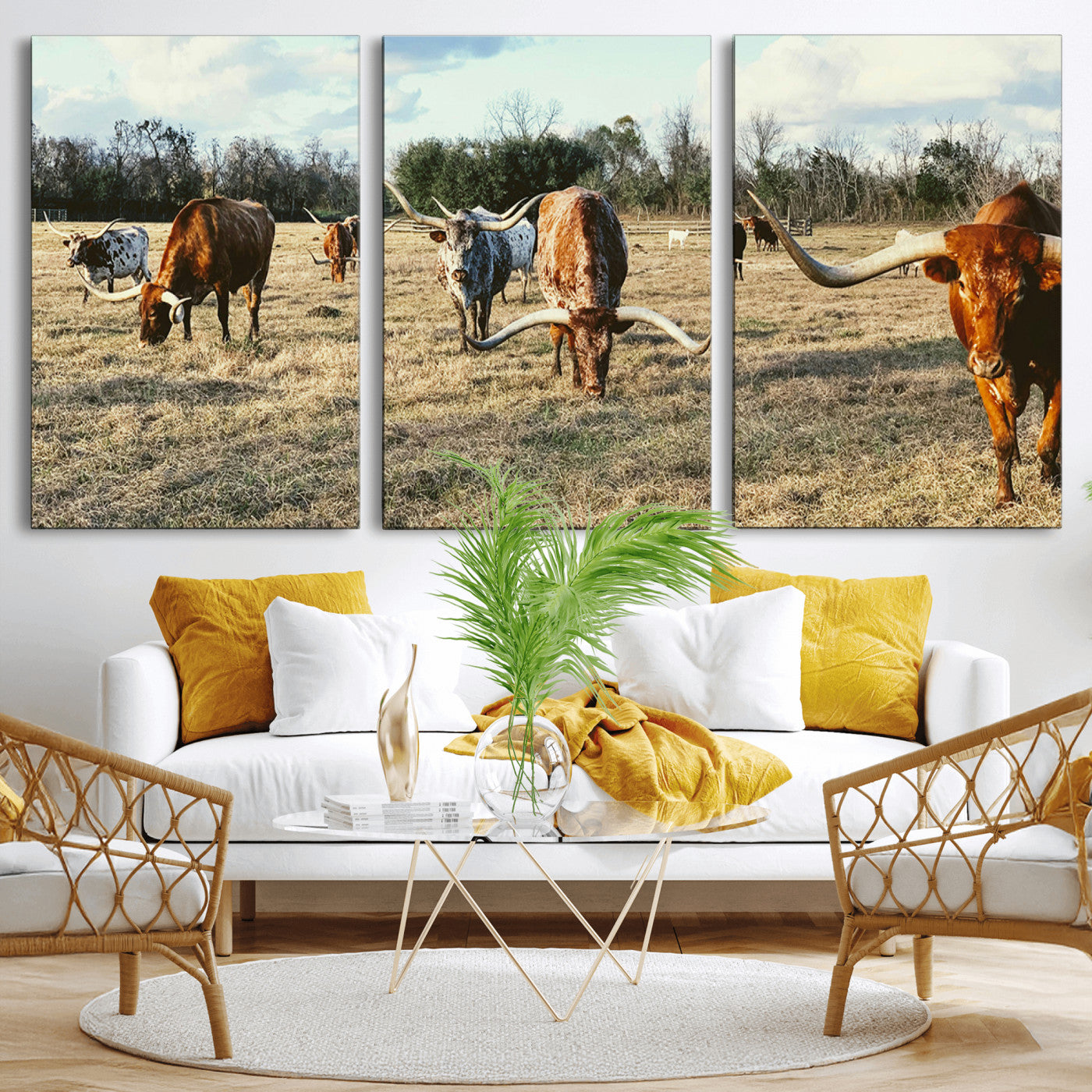 39144651-MGV-CV-36X24-Texas Longhorns Wall Art Canvas Print, Framed Rustic Farm Scene Art Picture Print, Western Cattle Perfect Rustic Farmhouse Decor