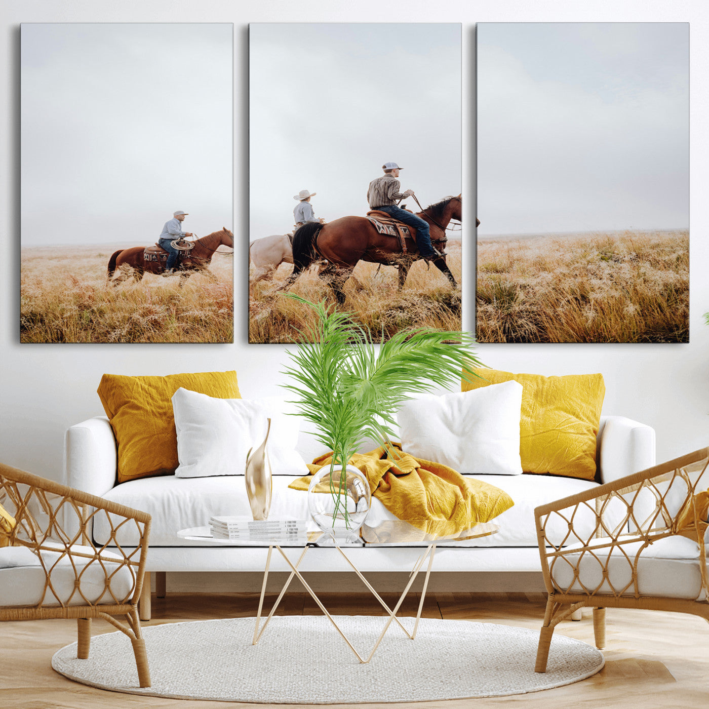 94723307-MGV-CV-36X24-Western Cowboys Wall Art Canvas Print, Framed Rustic Prairie Art Picture Print, Horseback Riding Perfect Rustic Western Decor