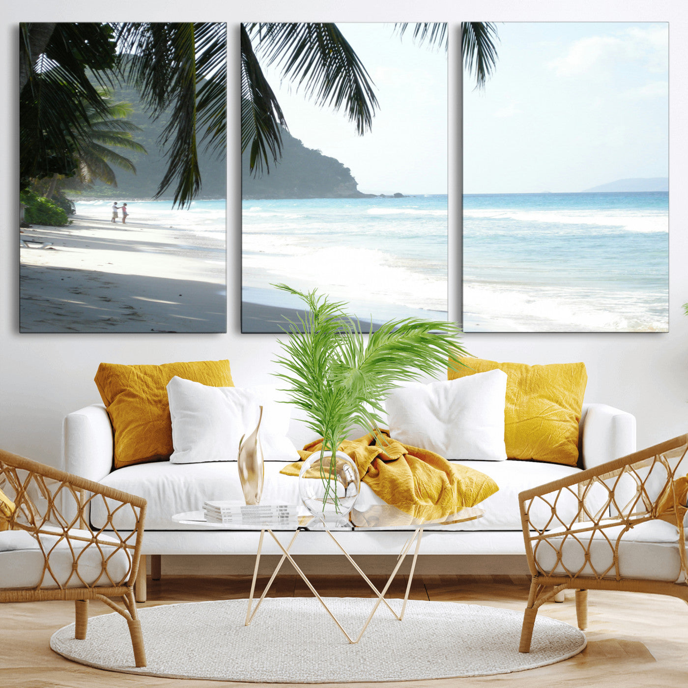 18311030-MGV-CV-36X24-Tropical Beach Wall Art Canvas Print, Framed Serene Ocean Art Picture Print, Palm Tree Shadows Perfect Tropical Coastal Decor