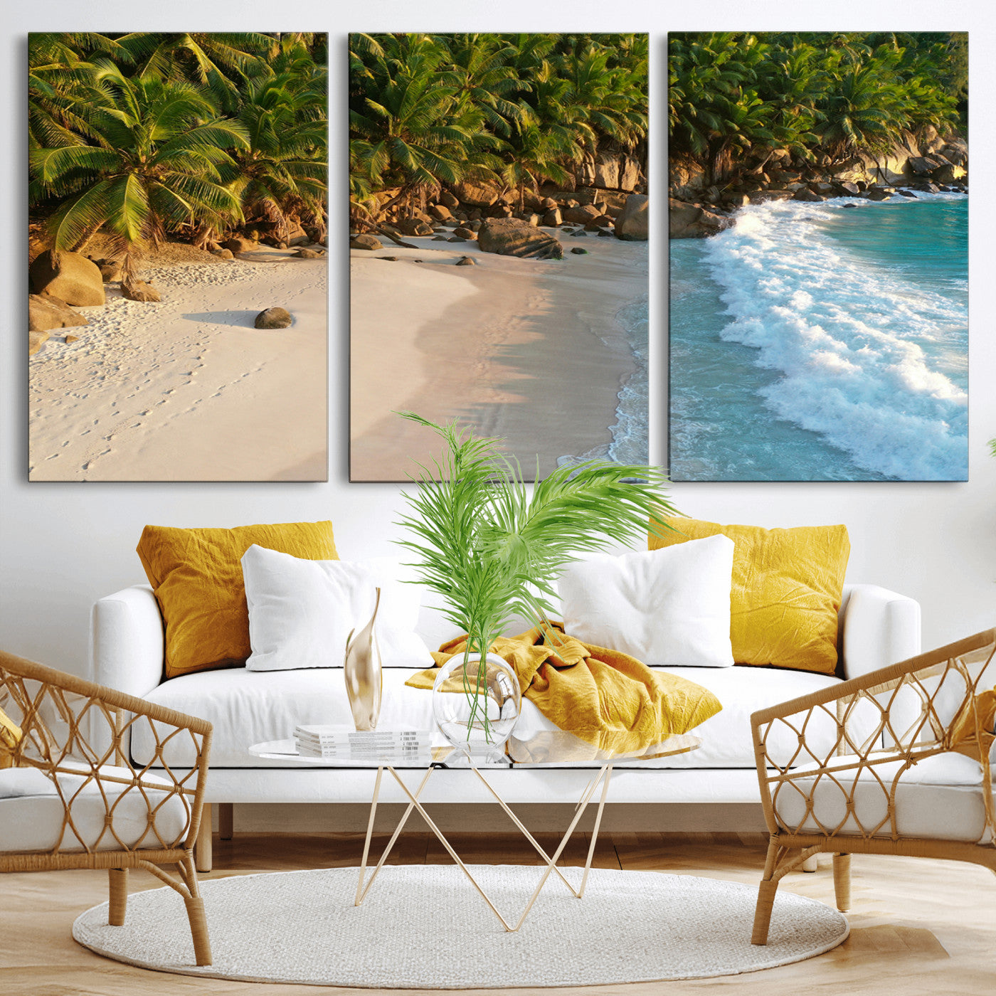 82312665-MGV-CV-36X24-Tropical Beach Wall Art Canvas Print, Framed Ocean Waves Art Picture Print, Palm Trees Perfect Coastal Minimalist Decor Artwork