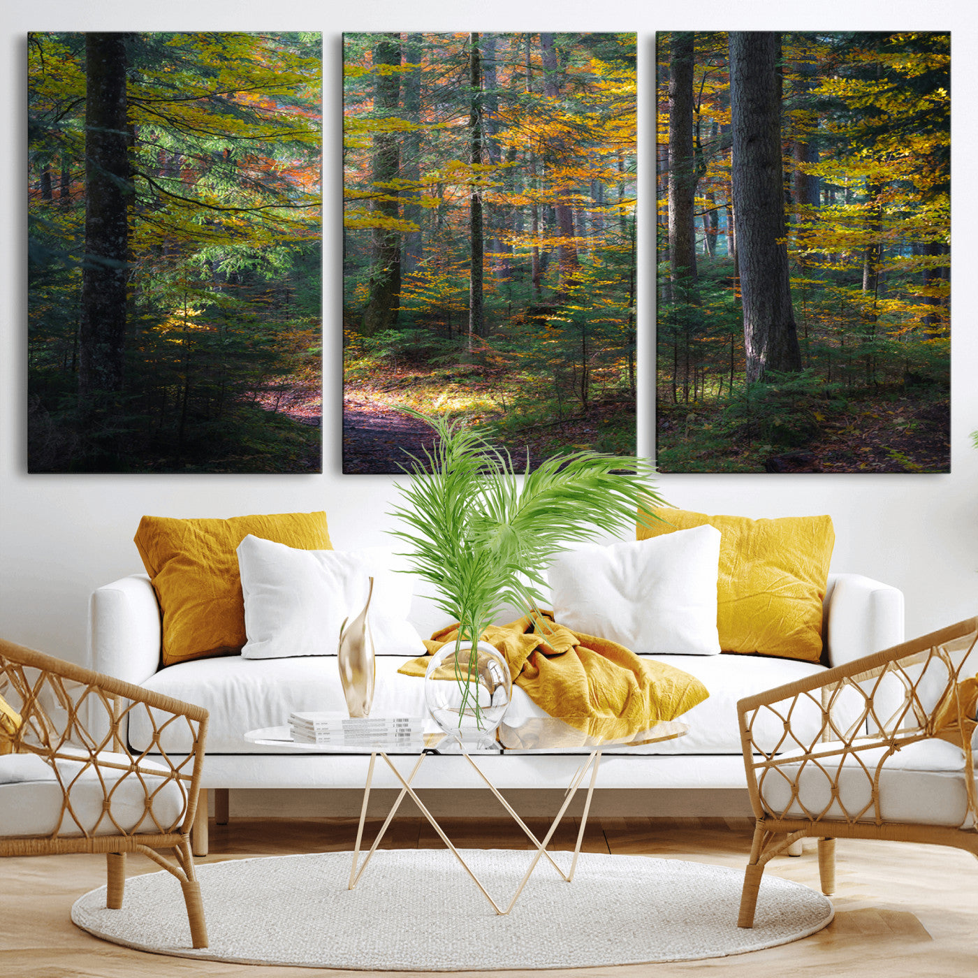 65810864-MGV-CV-36X24-Autumn Forest Wall Art Canvas Print, Framed Fall Woodland Art Picture Print, Golden Leaves Perfect Rustic Farmhouse Decor Artwork