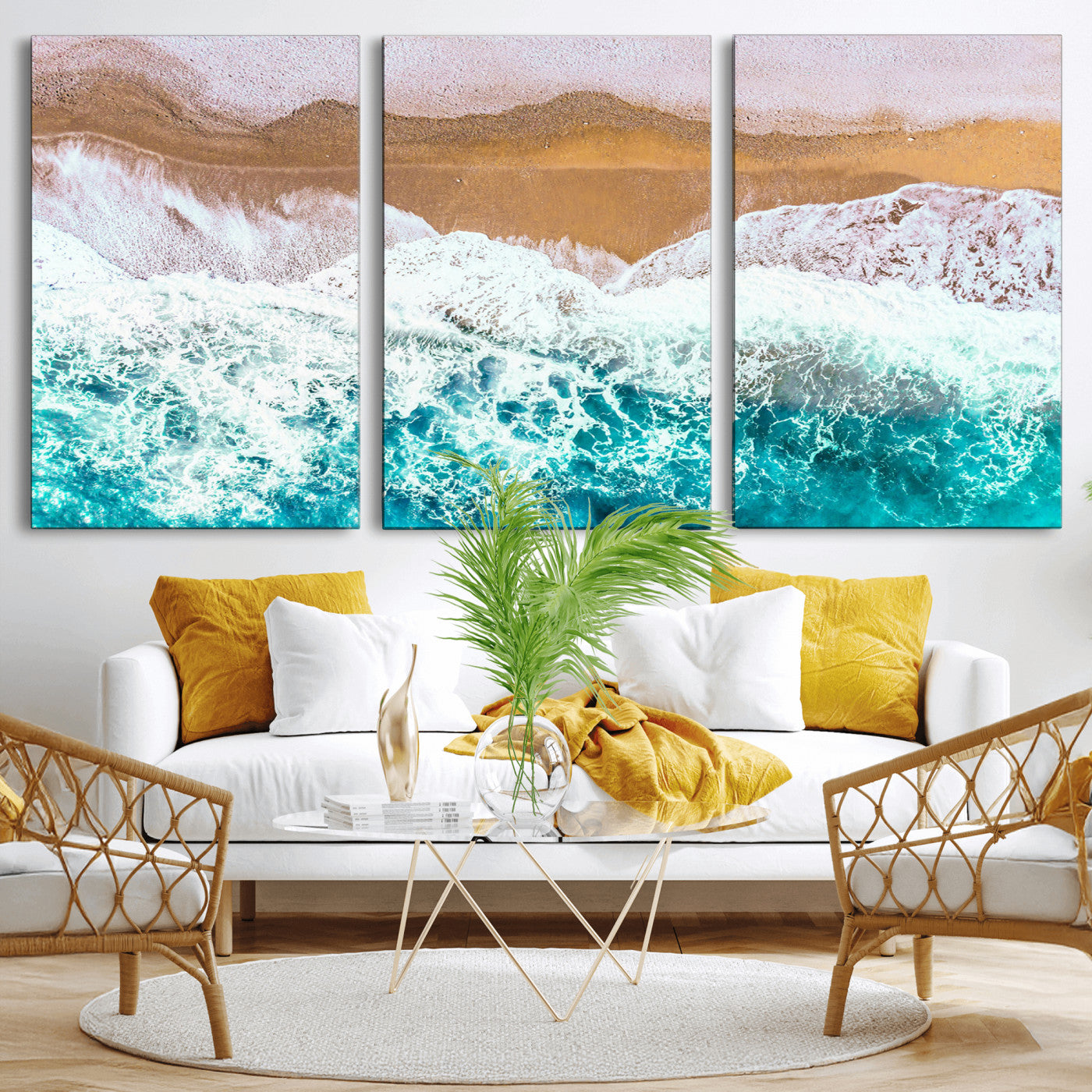 26870666-MGV-CV-36X24-Aerial Beach Wall Art Canvas Print, Framed Ocean Waves Art Picture Print, Coastal Landscape Perfect Coastal Minimalist Decor