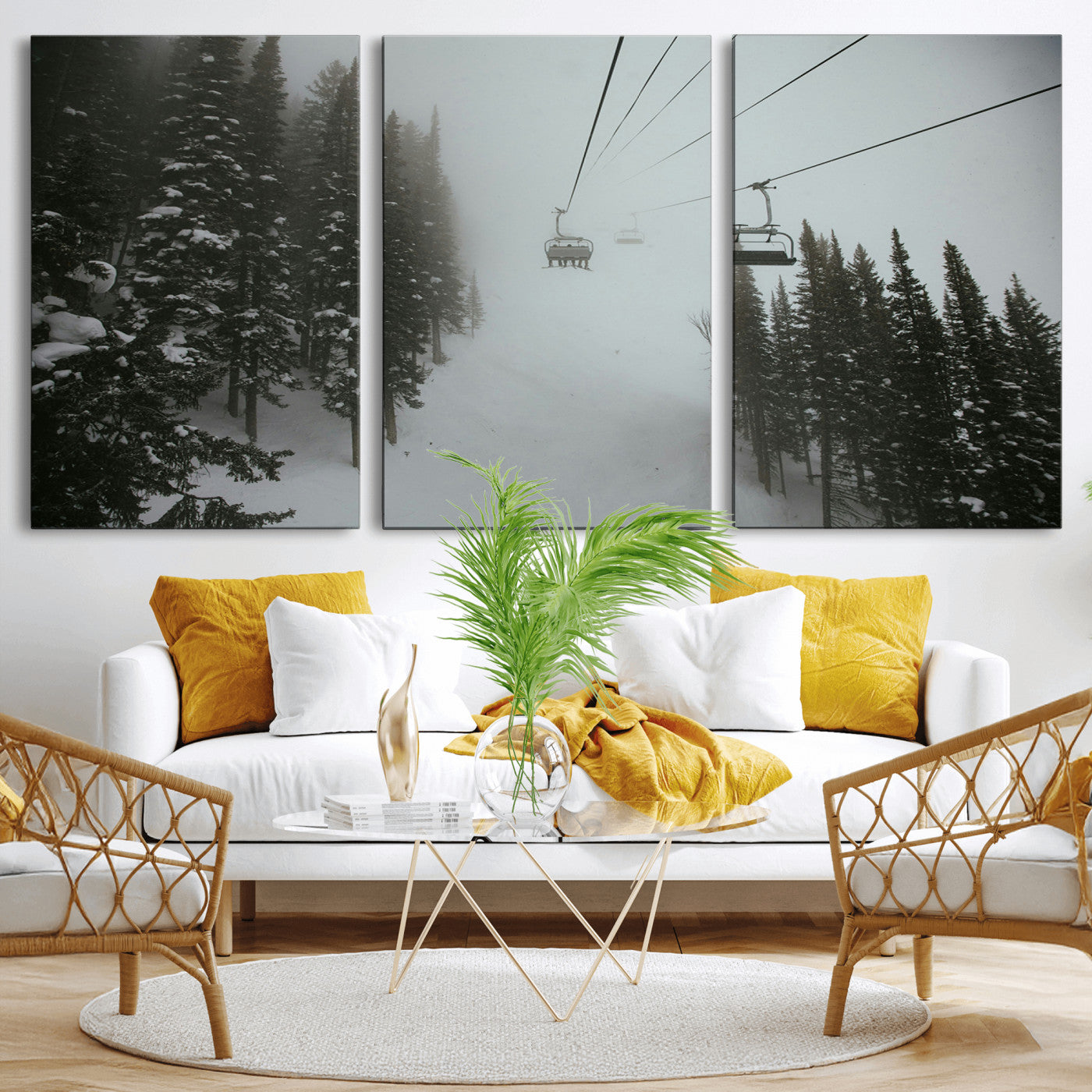 87018452-MGV-CV-36X24-Ski Lift Wall Art Canvas Print, Framed Snowy Pines Art Picture Print, Misty Landscape Perfect Winter Serenity Decor Artwork