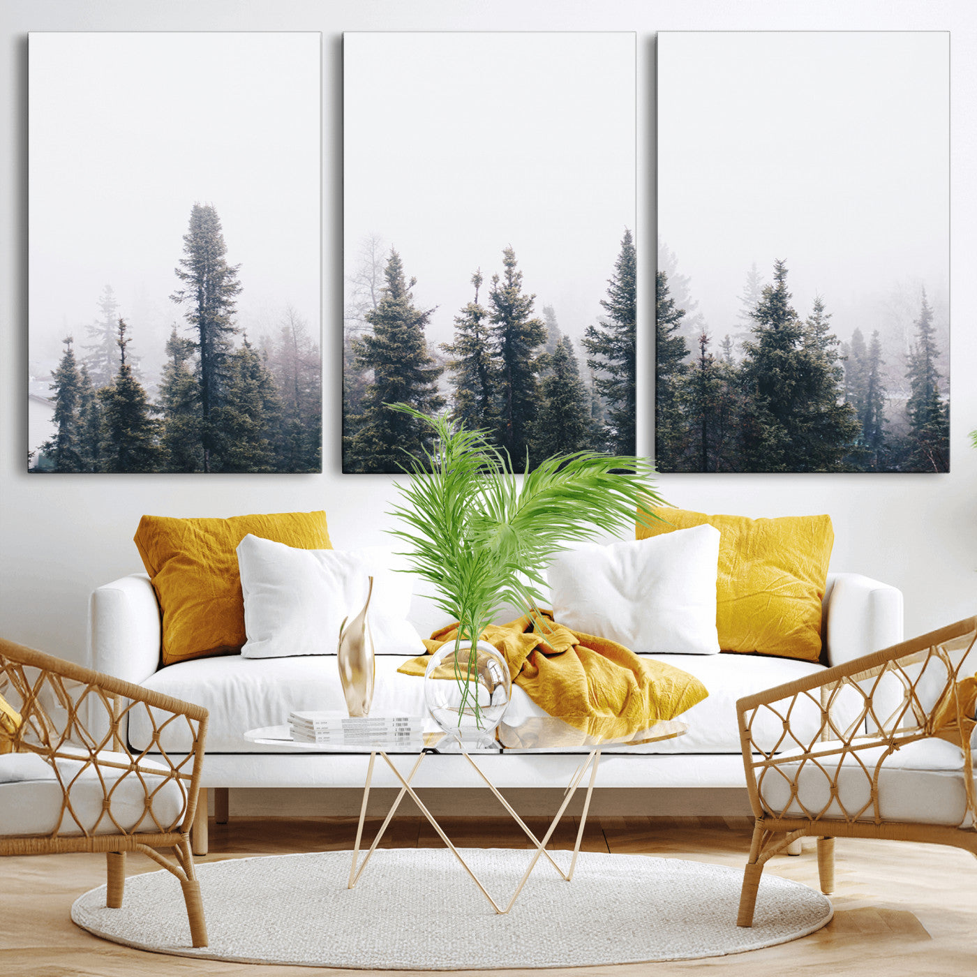 42364796-MGV-CV-36X24-Foggy Forest Wall Art Canvas Print, Framed Misty Pines Art Picture Print, Moody Woodland Perfect Scandinavian Minimalist Decor