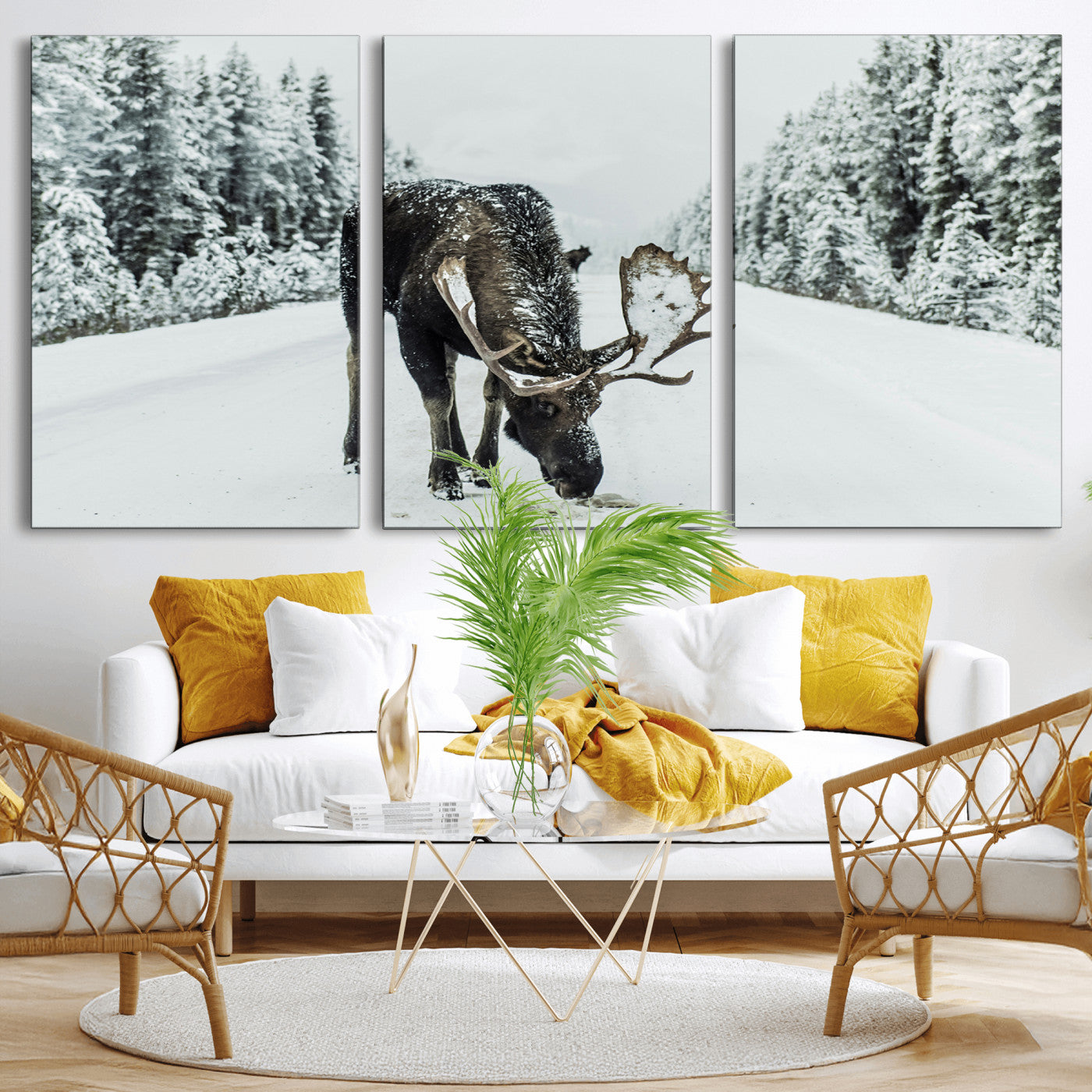 13316292-MGV-CV-36X24-Moose in Snow Wall Art Canvas Print, Framed Winter Wildlife Art Picture Print, Snowy Forest Scene Perfect Rustic Lodge Decor