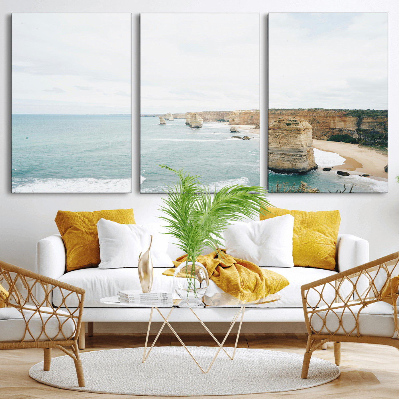 70095633-MGV-CV-36X24-Twelve Apostles Wall Art Canvas Print, Framed Coastal Cliffs Art Picture Print, Rugged Rock Formations Perfect Minimalist Coastal