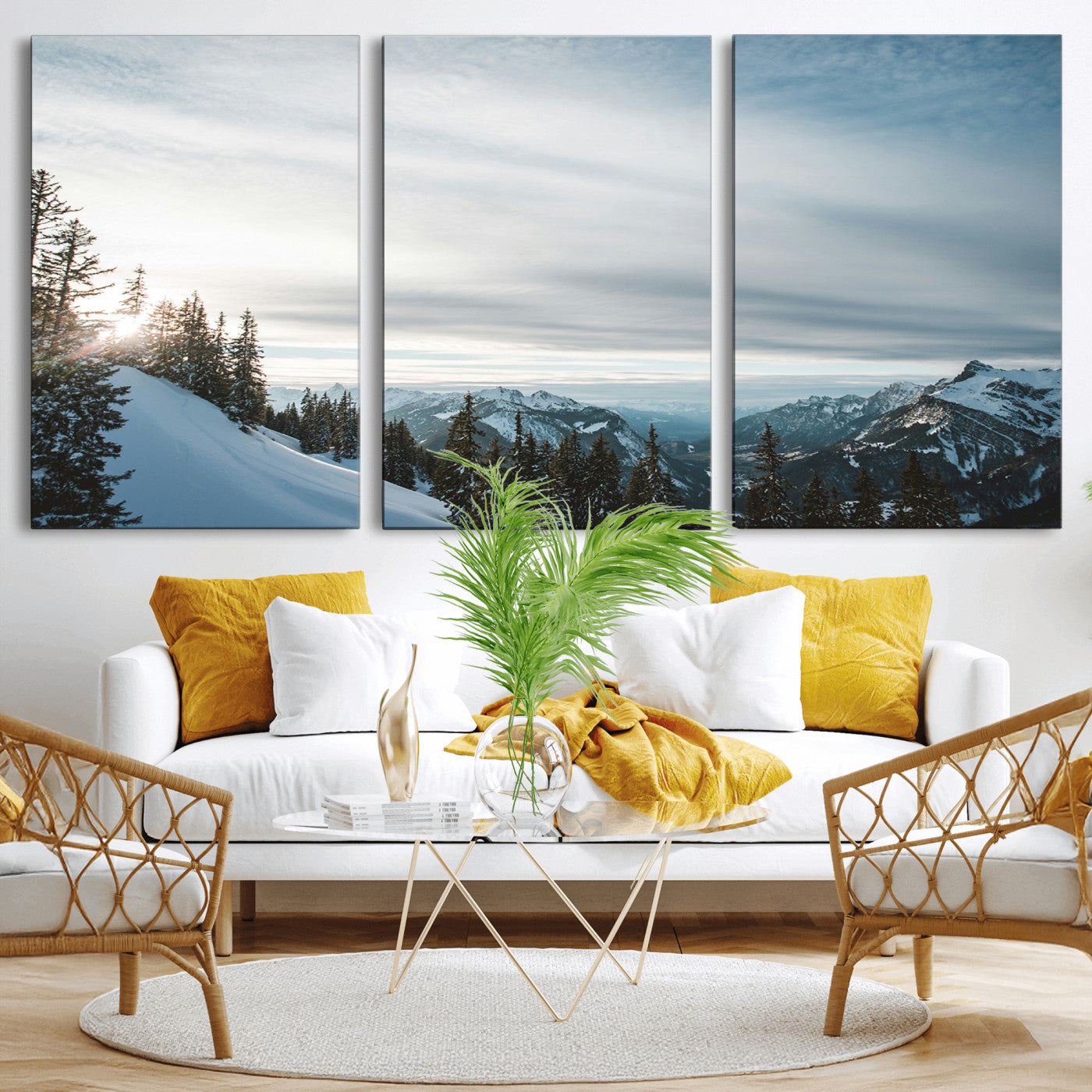 55564749-MGV-CV-36X24-Snowy Mountains Wall Art Canvas Print, Framed Alpine Landscape Art Picture Print, Frosty Peaks Perfect Nordic Minimalist Decor