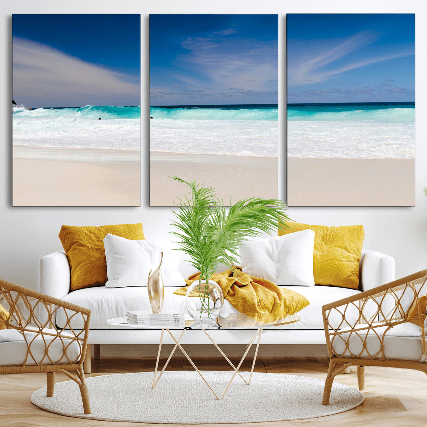 55017356-MGV-CV-36X24-Ocean Beach Wall Art – Turquoise Wave and White Sand Shoreline Canvas Print, Coastal Seascape Photography Decor for Living Room,
