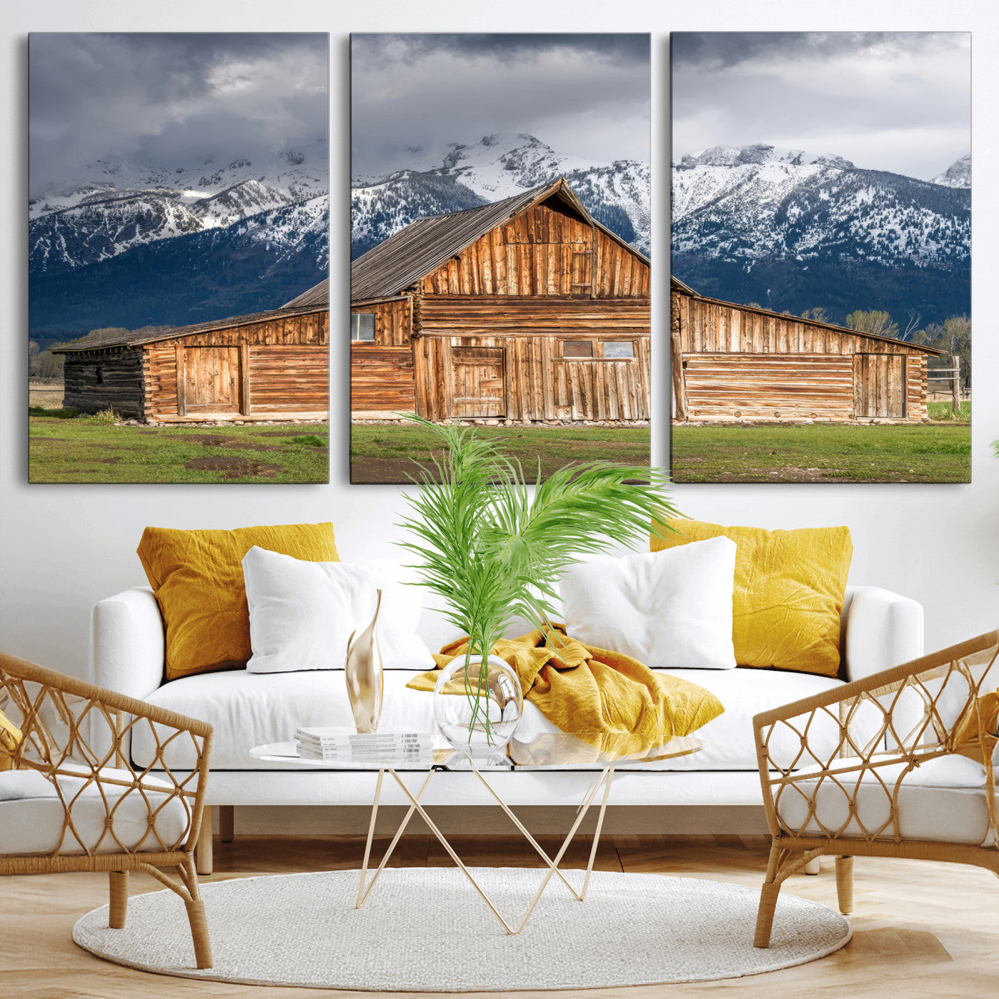 15173627-MGV-CV-36X24-Barn Wall Art – Rustic Wooden Cabin Canvas Print with Snowy Mountain Landscape, Western Farmhouse Country Decor for Living Room,