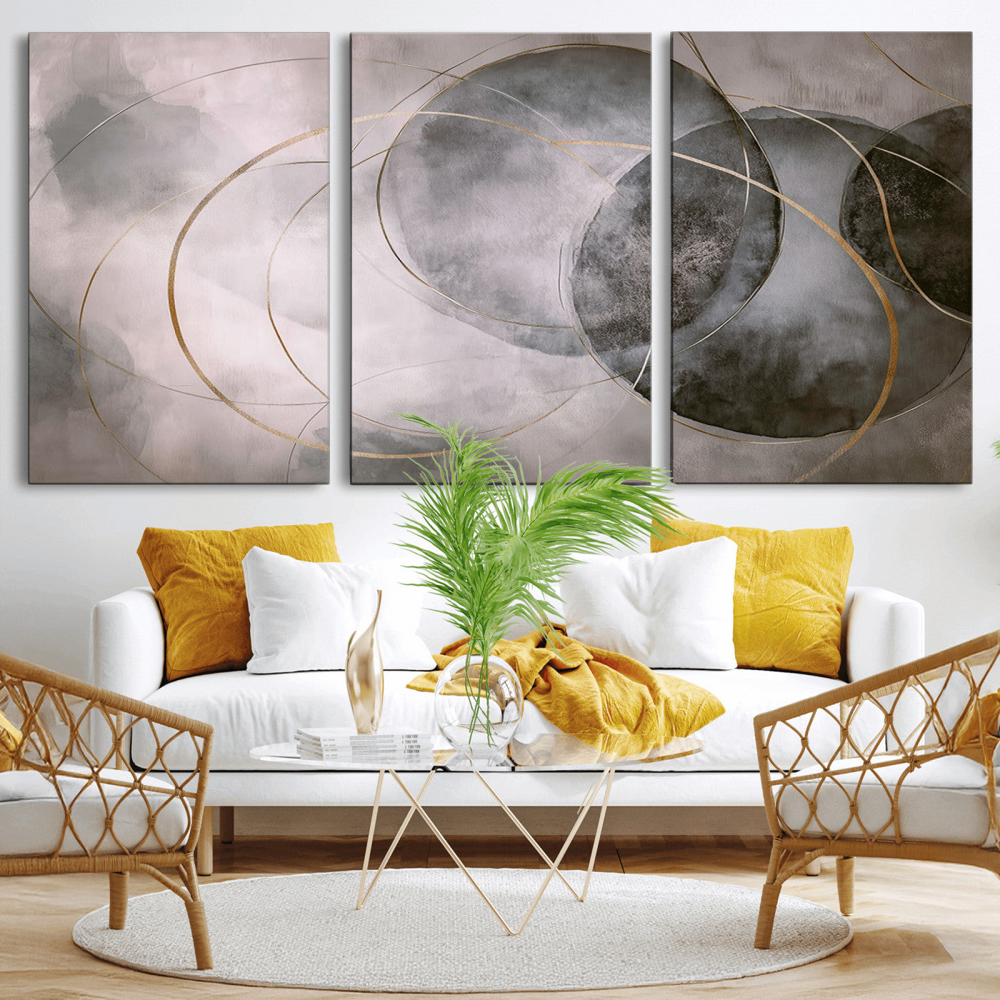 20066876-MGV-CV-36X24-Neutral Abstract Circle Wall Art – Modern Gray Beige Gold Canvas Print, Minimalist Geometric Painting for Bedroom, Living Room,