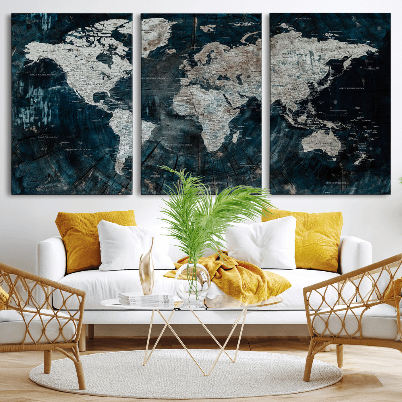 34425609-MGV-CV-36X24-World Map Wall Art – Rustic Navy and Grey Atlas Canvas Print, Distressed Explorer Map Artwork, Industrial Style Decor for Office,