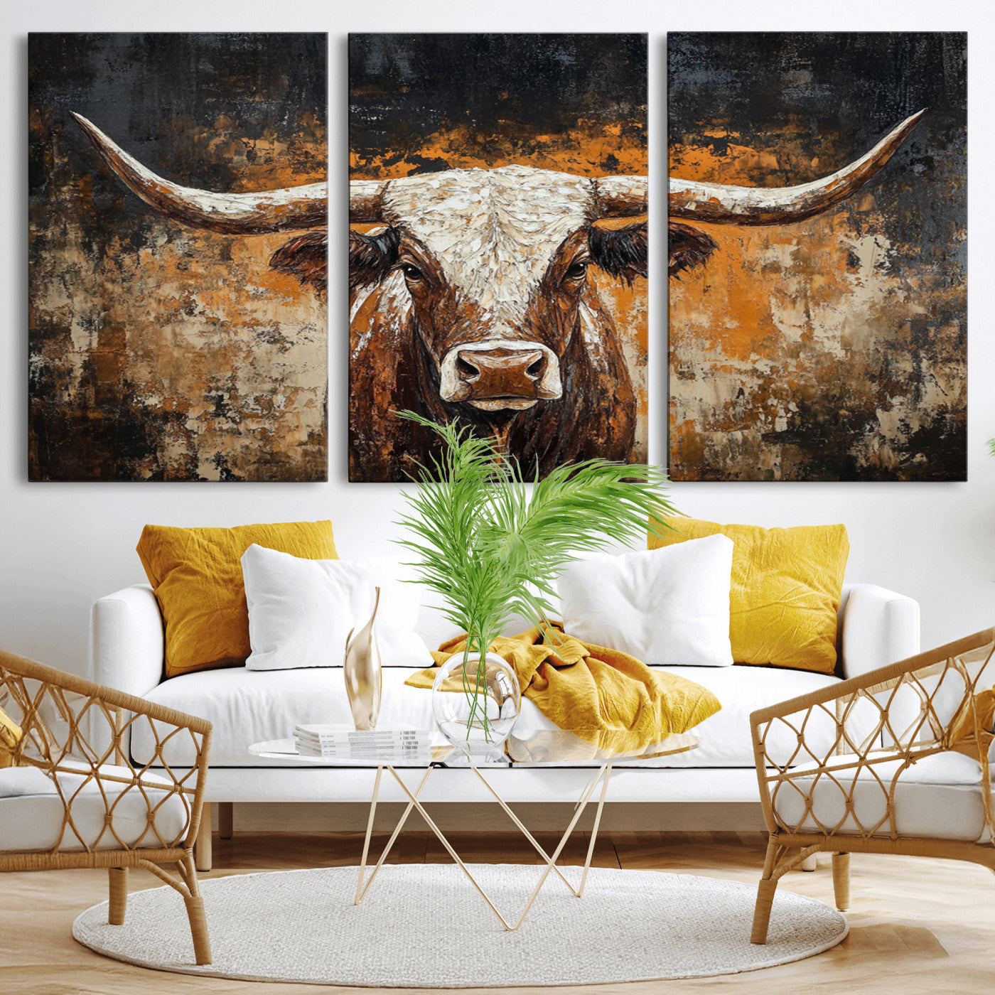 25265572-MGV-CV-36X24-Longhorn Bull Wall Art – Rustic Western Texas Steer Canvas Print, Textured Animal Painting for Home, Office, Man Cave or Farmhouse