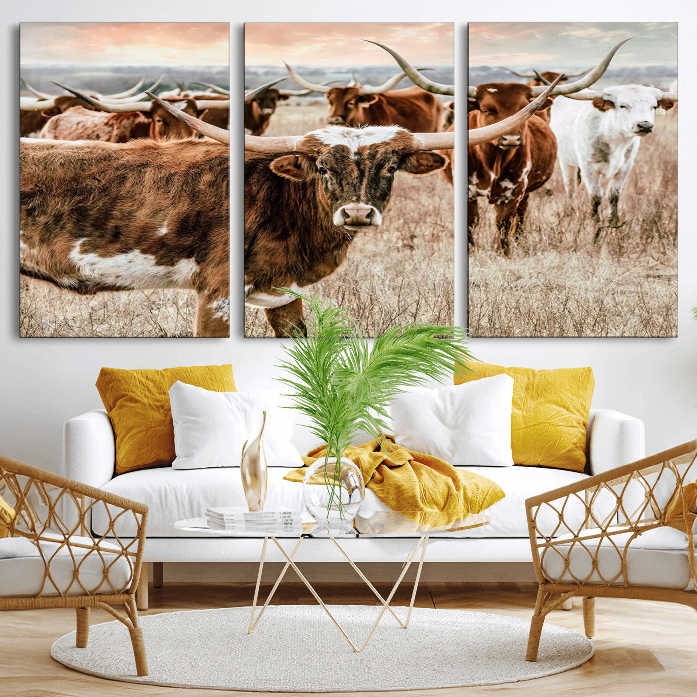 47758300-MGV-CV-36X24-Texas Longhorn Cattle Wall Art – Rustic Western Herd Canvas Print, Cowboy Ranch Farmhouse Decor for Living Room, Office, or