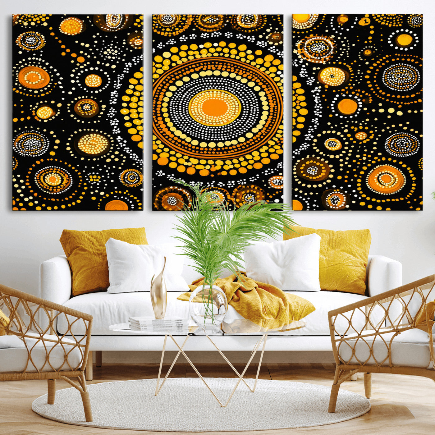 45478523-MGV-CV-36X24-Abstract Circle Wall Art – Bold Black and Gold Dot Painting Canvas Print, Modern Geometric Mandala Style Decor for Living Room or