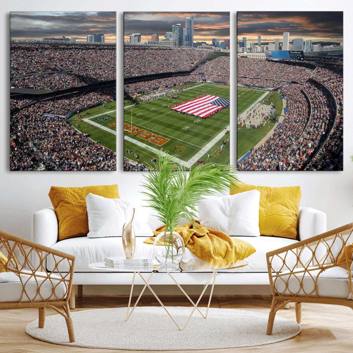 98106777-MGV-CV-36X24-Soldier Field Wall Art – Chicago Bears Stadium Canvas Print with American Flag, Game Day Football Decor for Man Cave, Bar, or