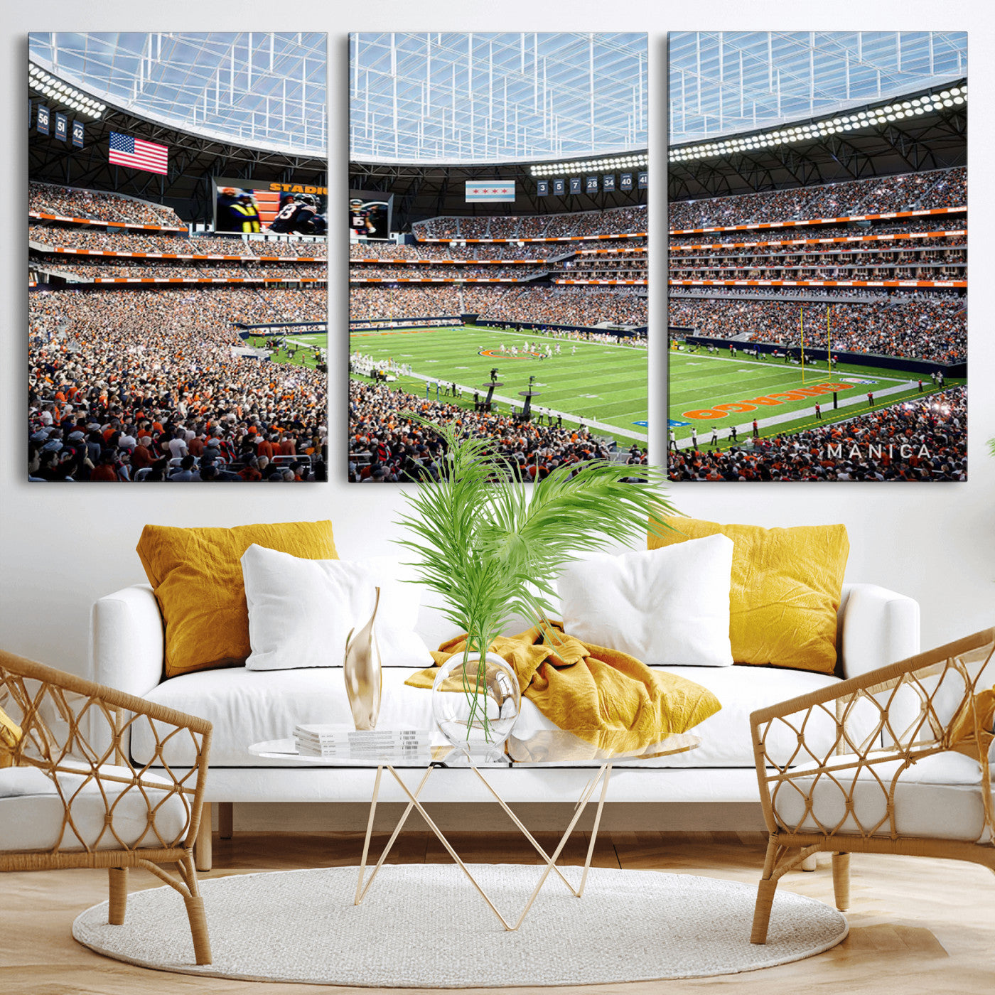 32530647-MGV-CV-36X24-Chicago Bears Stadium Wall Art – Futuristic Dome Arena Canvas Print, Modern Football Concept Design Decor for Man Cave, Bar, or
