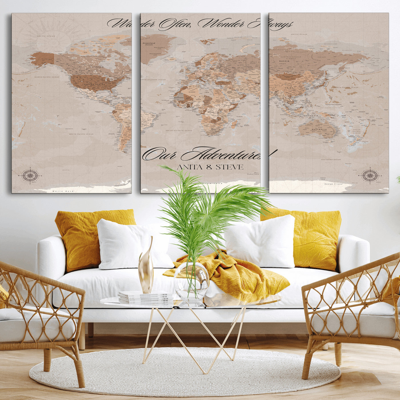 95243244-MGV-CV-36X24-Wander Often Wonder Always World Map Wall Art – Neutral Beige Adventure Canvas Print, Rustic Boho Travel Decor for Bedroom, Living