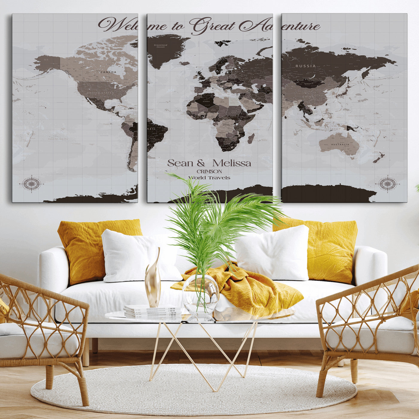 43749658-MGV-CV-36X24-Welcome to Great Adventure World Map Wall Art – Charcoal Gray Canvas Print, Rustic Travel Decor for Living Room, Study, Office or