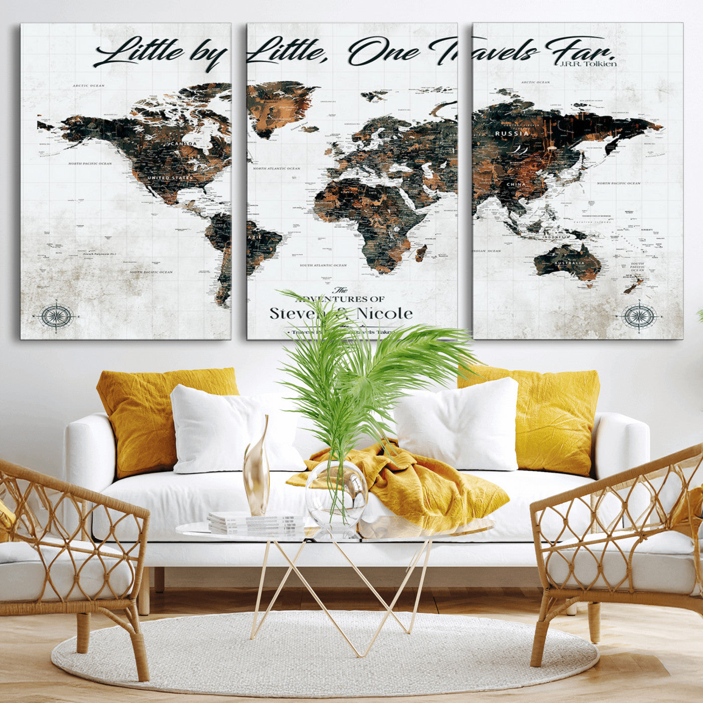 88337180-MGV-CV-36X24-Little by Little One Travels Far Tolkien Quote World Map Rustic Black Brown Adventure Wall Art Canvas Print for Home Office Living