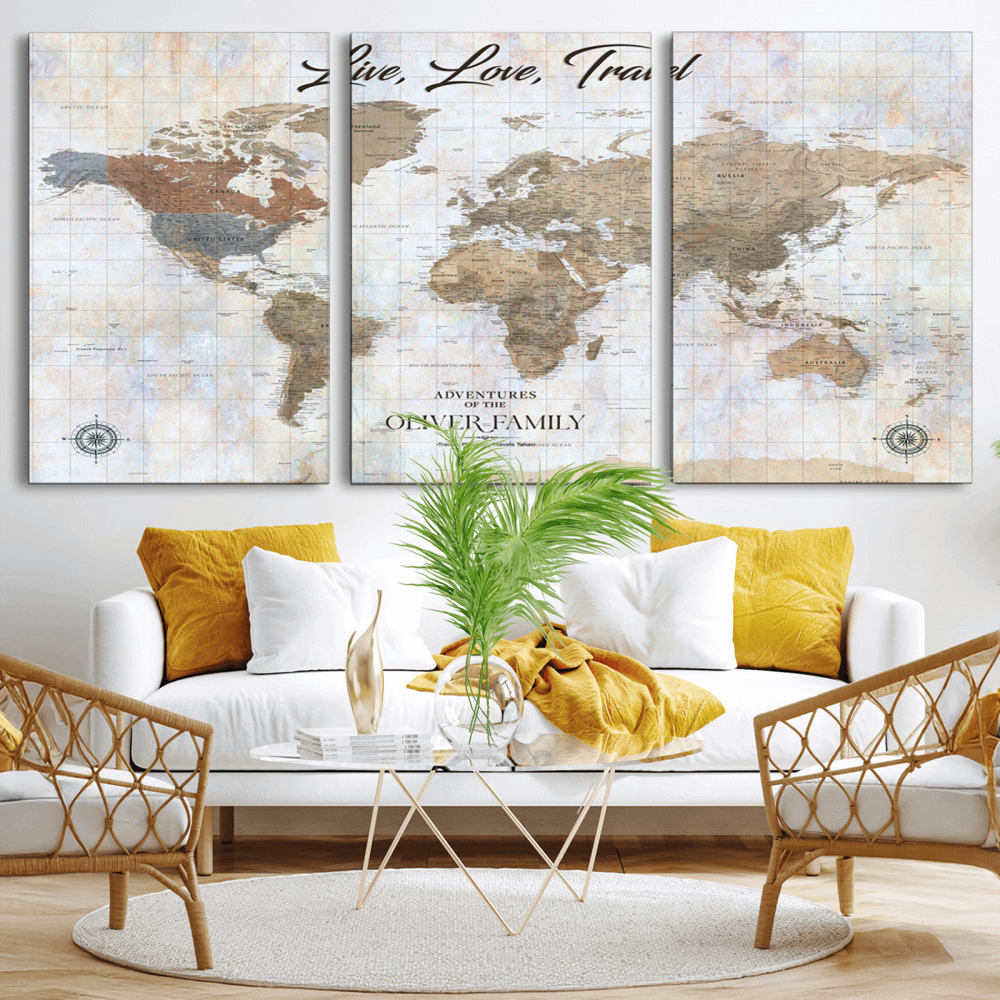43924907-MGV-CV-36X24-Live Love Travel Wall Art – Neutral World Map Canvas Print, Rustic Adventure Decor for Home, Office or Living Room, Unique Gift