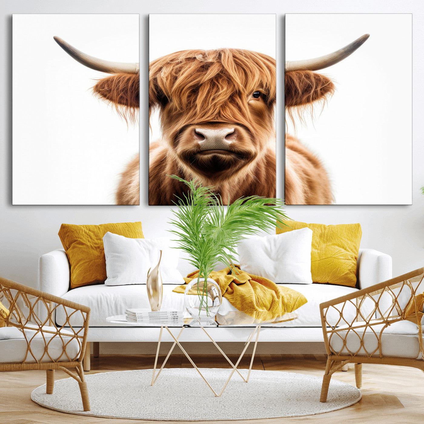 637908607-MGV-FC-93X47-3P_Black-Highland Cow Wall Art Print – Rustic Farmhouse Animal Portrait, Scottish Highland Cattle Canvas, Modern Country Wall Decor for