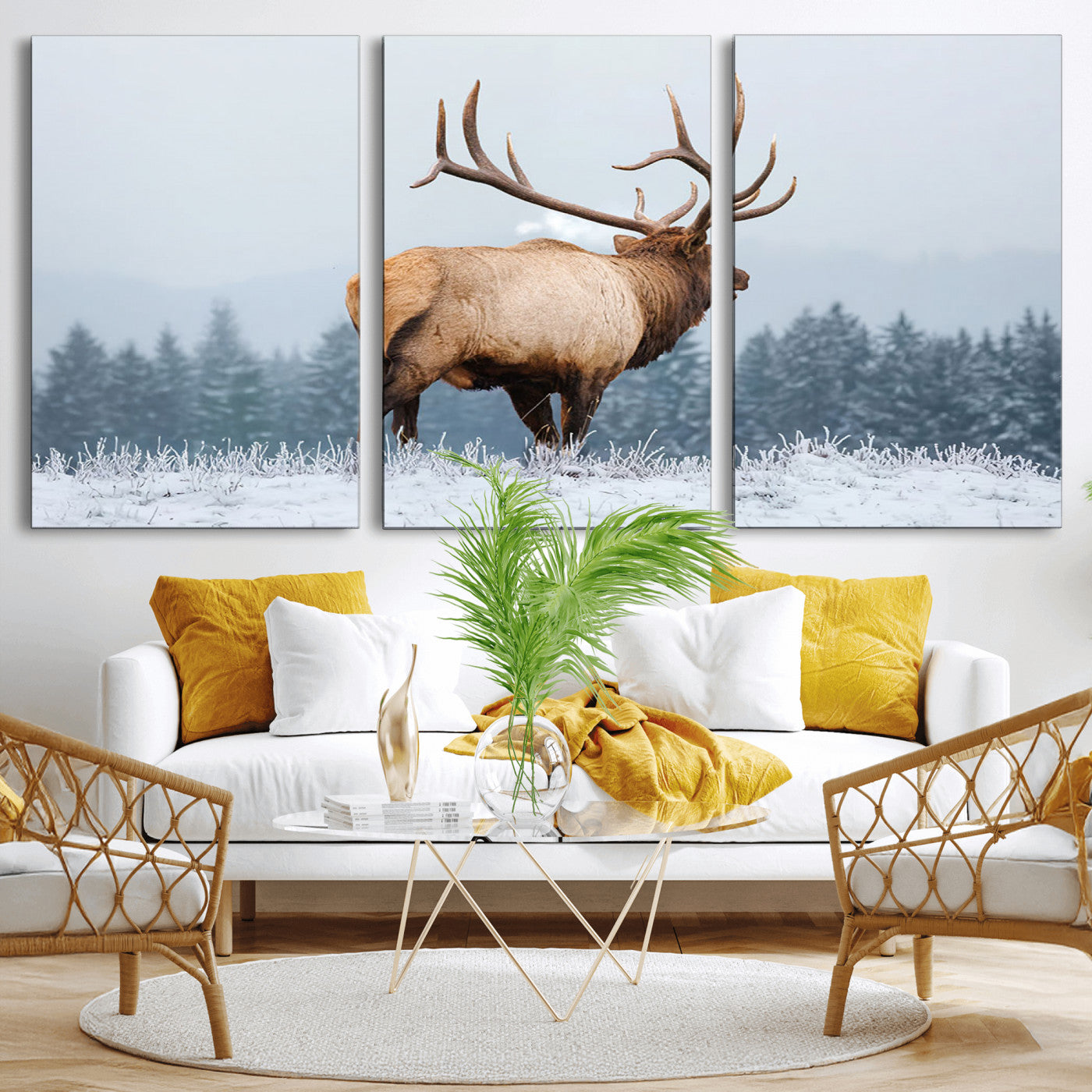 85177251-MGV-CV-36X24-Elk Wall Art – Majestic Wildlife Canvas Print of Bull Elk Snowy Forest, Rustic Nature Decor for Living Room, Cabin, or Office