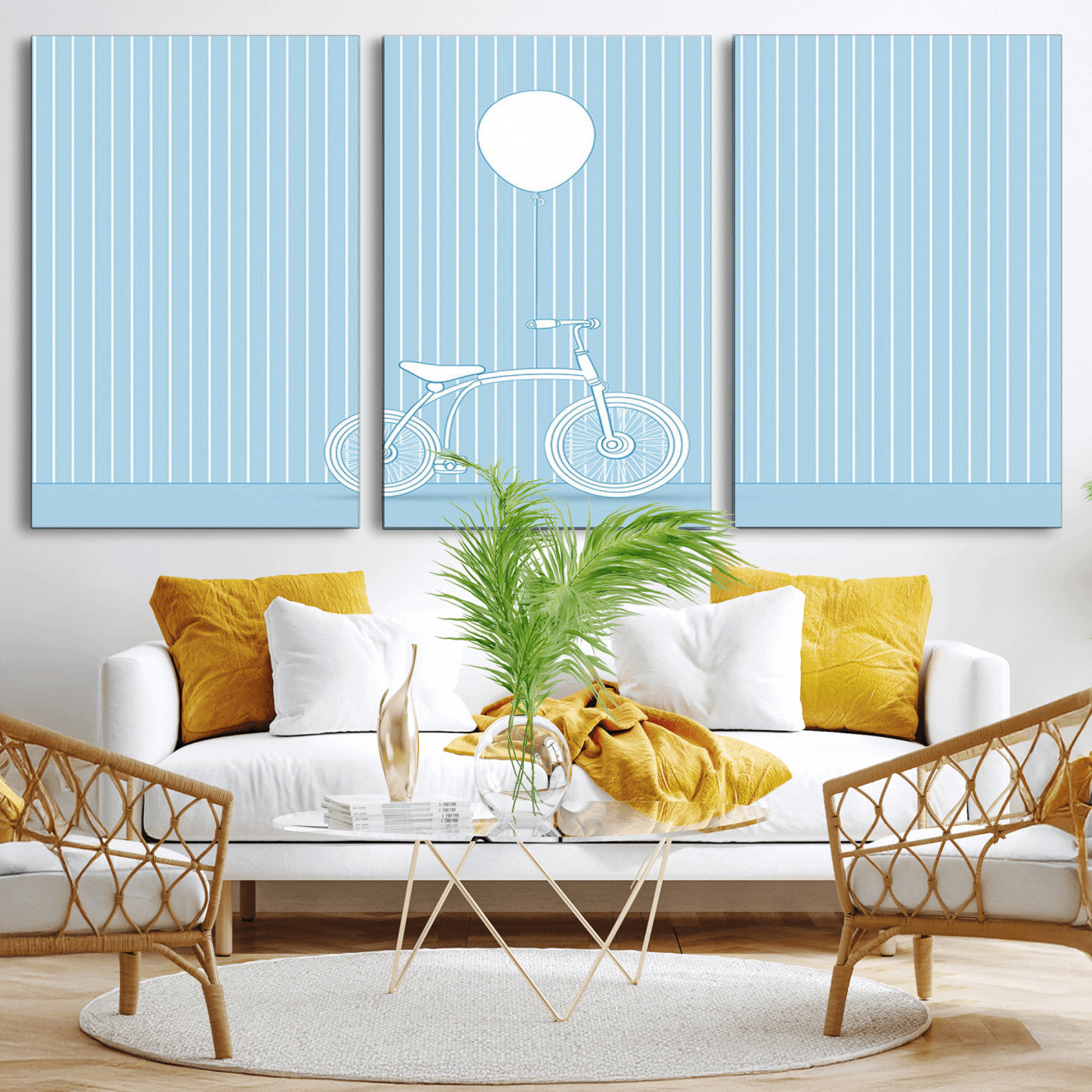 56479838-MGV-CV-36X24-Bicycle Wall Art – Minimalist Blue Canvas Print with Balloon Illustration, Modern Decor Artwork for Kids Room, Nursery, or Living