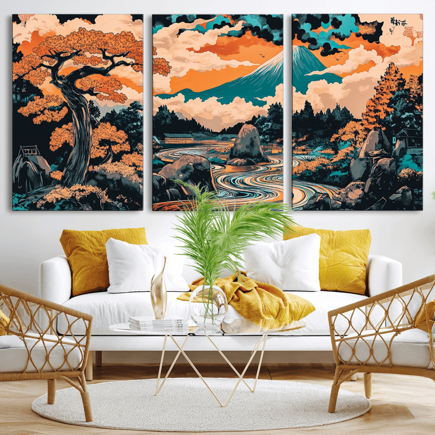 21638941-MGV-CV-36X24-Japanese Landscape Wall Art – Mount Fuji and Flowing River Ukiyo-e Style Canvas Print, Traditional Japan Inspired Artwork for