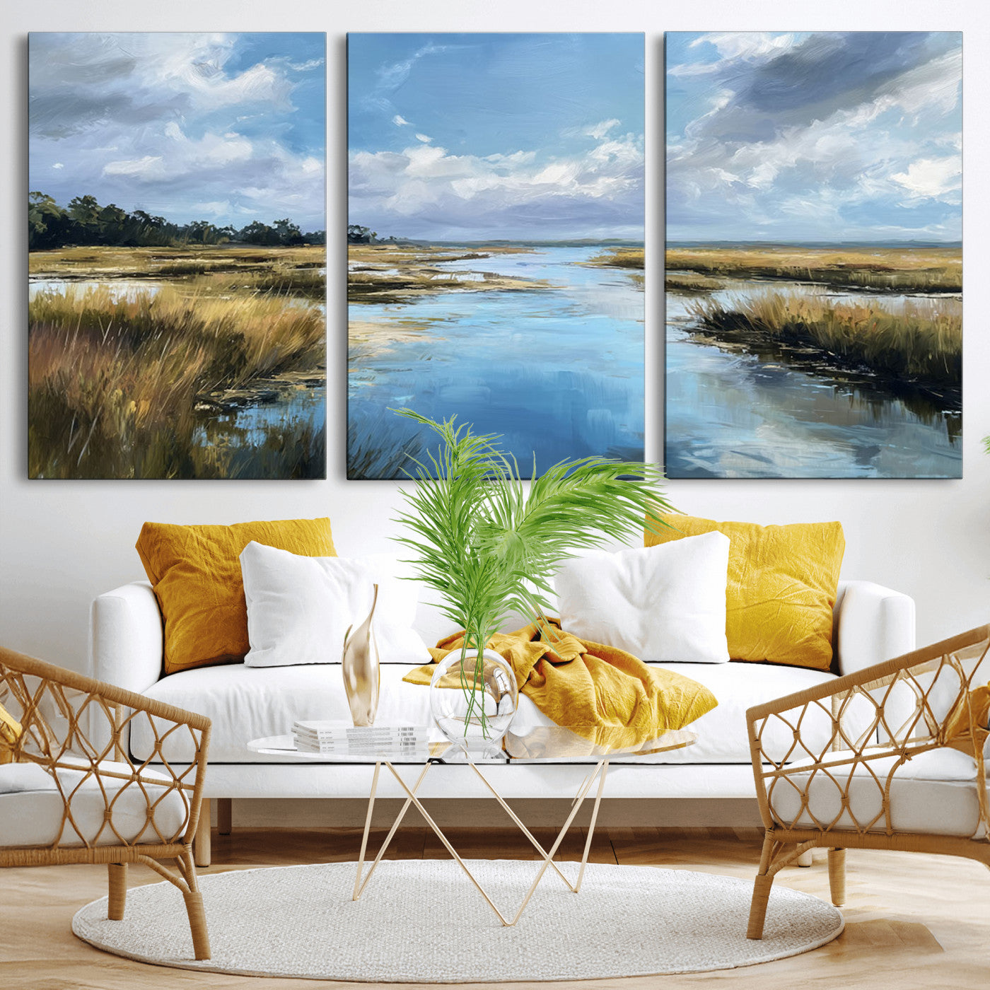 87082041-MGV-CV-36X24-Painted Marshland Canvas Wall Art – Serene Water Reflection, Blue Sky, Golden Grass Landscape, Calm Nature Decor for Home, Office,