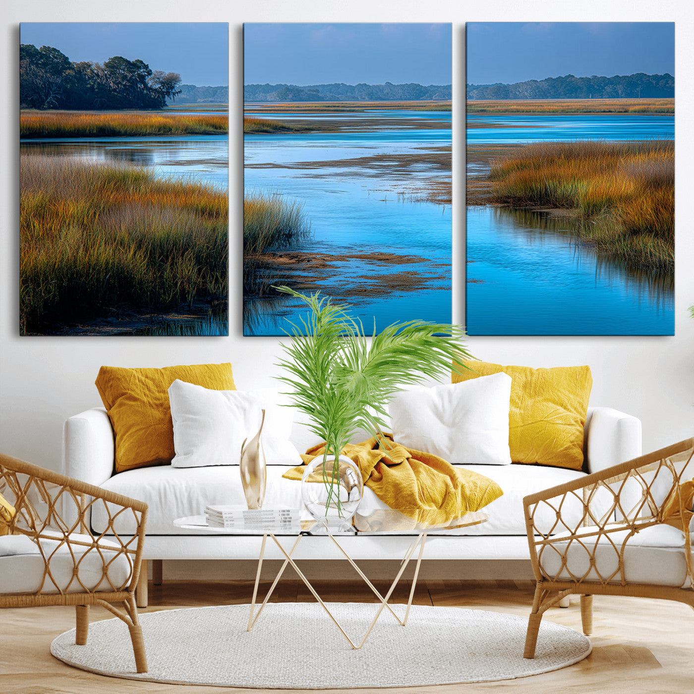 26300004-MGV-CV-36X24-Marshland Landscape Wall Art – Scenic Nature Canvas Print with Golden Grass and Blue Water, Peaceful River Photography for Living