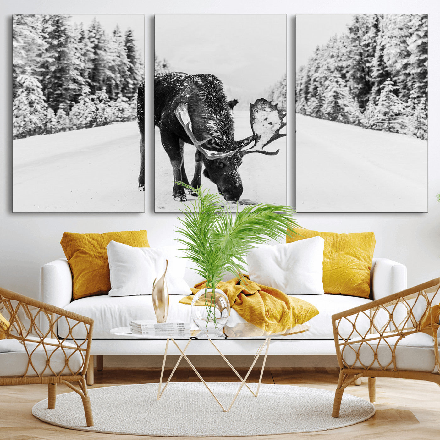 38956835-MGV-CV-36X24-Moose Wall Art – Black and White Wildlife Canvas Print with Snowy Forest Road, Rustic Nature Photography for Cabin, Lodge, Living