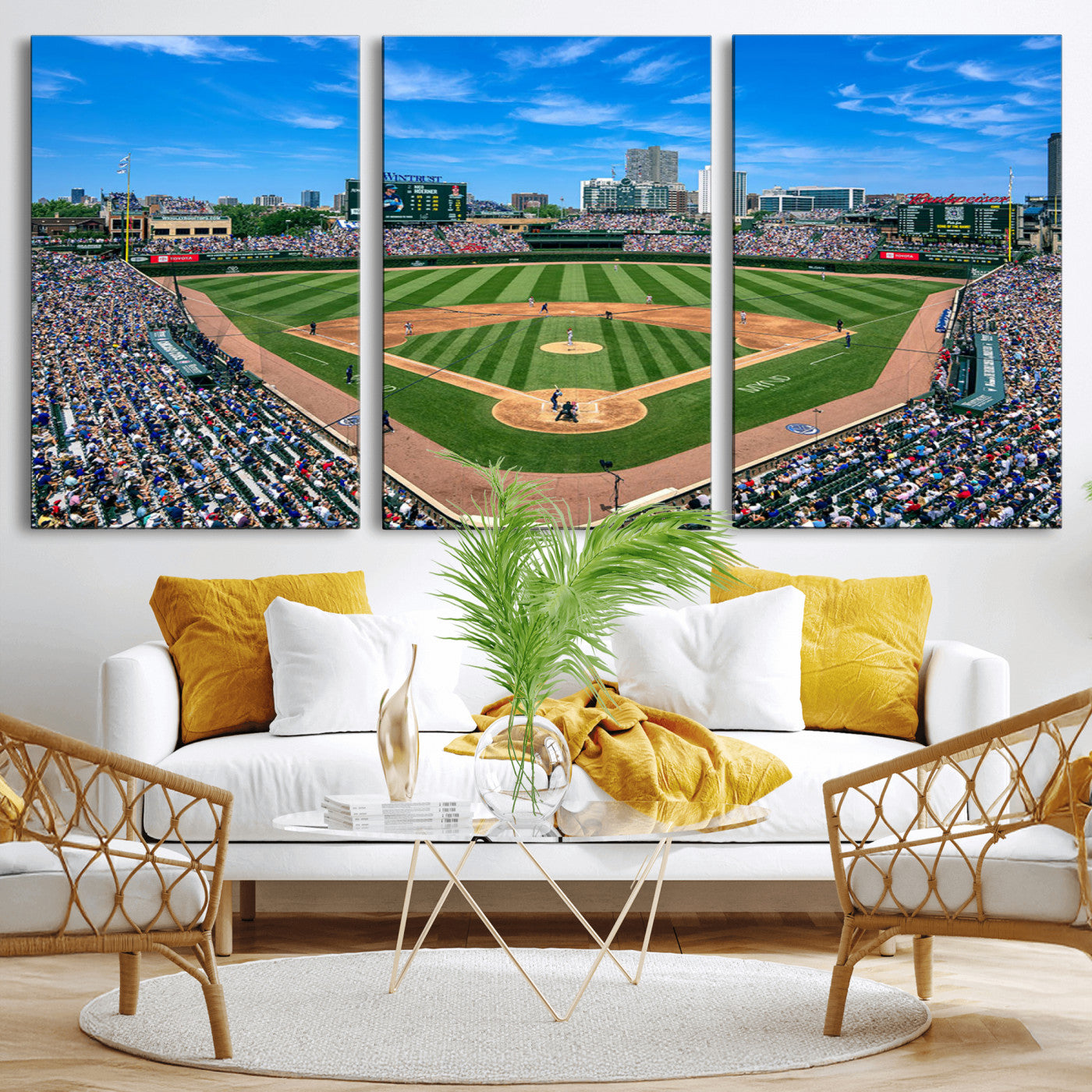 56213978-MGV-CV-36X24-Wrigley Field Baseball Stadium Canvas Wall Art – Packed Crowd Sports Stadium Print, City Skyline Baseball Field Canvas for Game