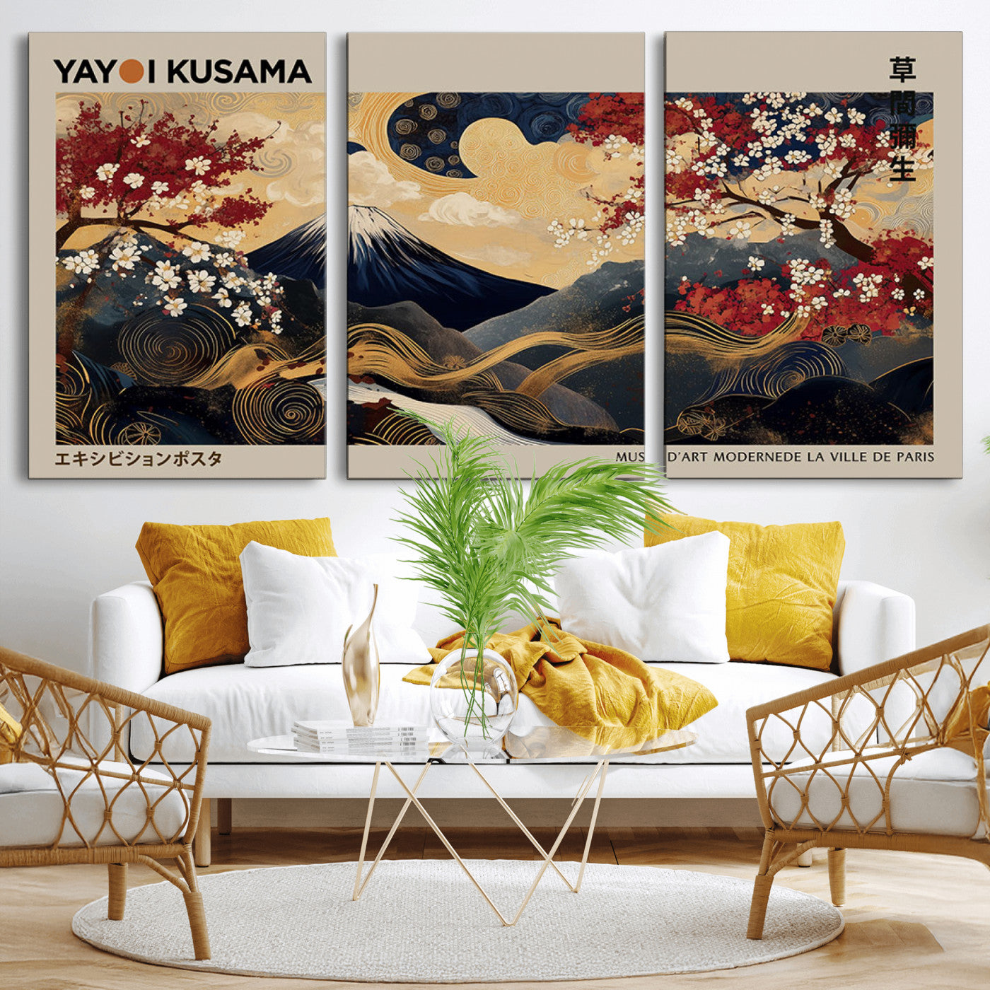 66892669-MGV-CV-36X24-Yayoi Kusama Japanese Inspired Canvas Print – Mt. Fuji & Floral Scene Wall Art, Framed Asian Style Canvas for Home, Office or