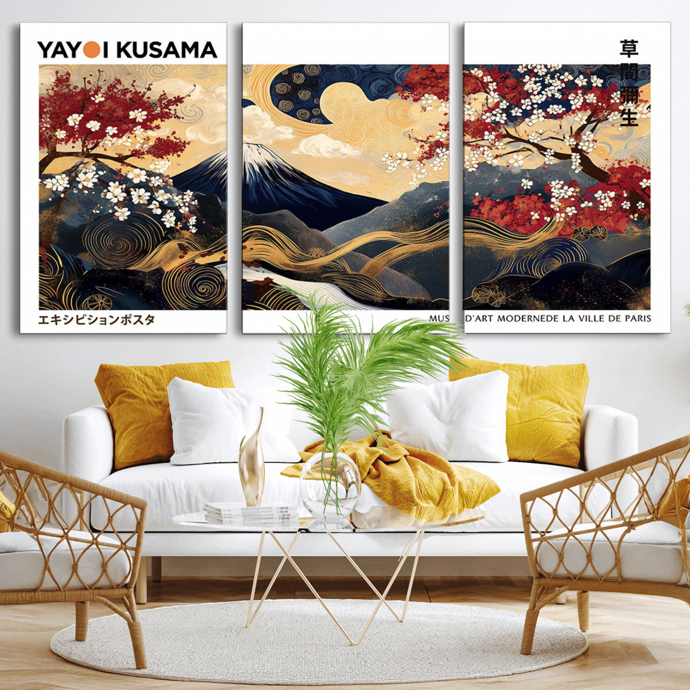 28945903-MGV-CV-36X24-Yayoi Kusama Inspired Japanese Art Canvas Print – Framed Floral & Mt. Fuji Wall Decor, Modern Asian Style Canvas for Home, Office,