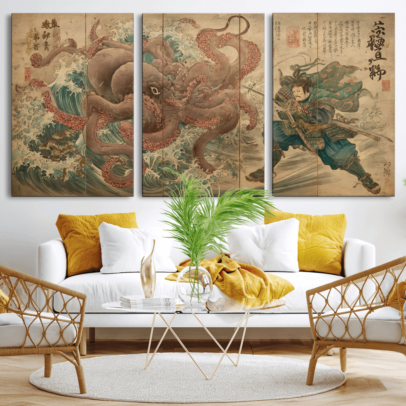63782167-MGV-CV-36X24-Tsukioka Yoshitoshi Samurai Wall Art Print, Japanese Katana Warrior Canvas Wall Art, Octopus Sea Monster Canvas Print,