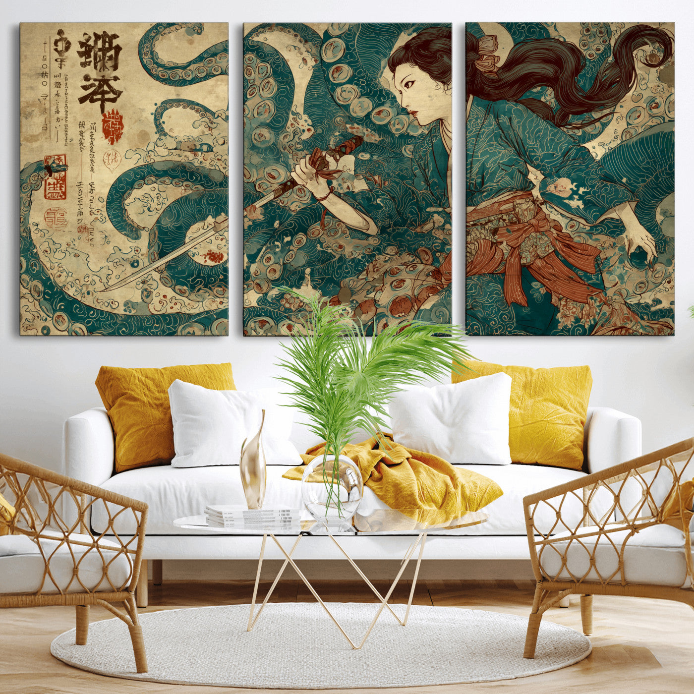 18575670-MGV-CV-36X24-Samurai Woman vs Octopus Wall Art – Japanese Ukiyo-e Ocean Battle Canvas Print, Traditional Warrior Artwork for Living Room,