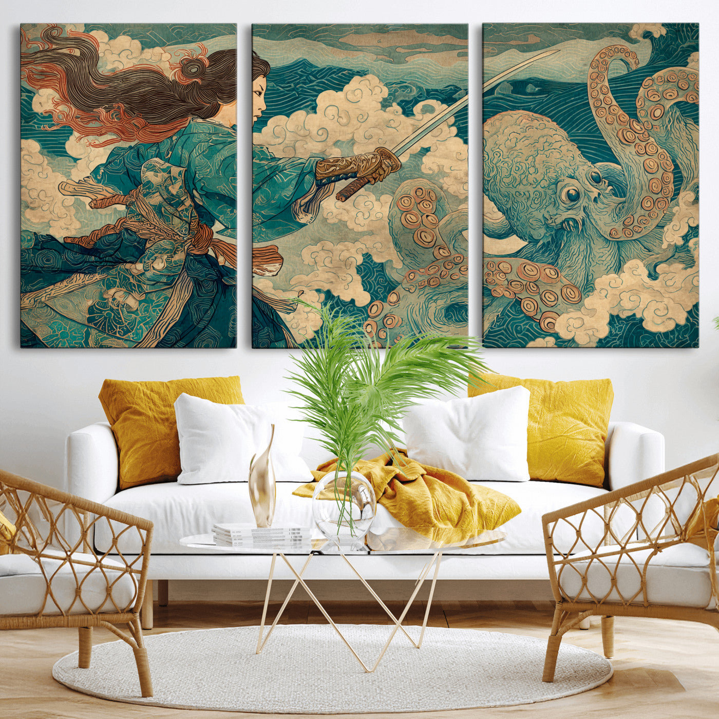 99764195-MGV-CV-36X24-Samurai vs Octopus Wall Art – Japanese Ukiyo-e Style Warrior and Sea Monster Canvas Print, Mythology Inspired Artwork for Living