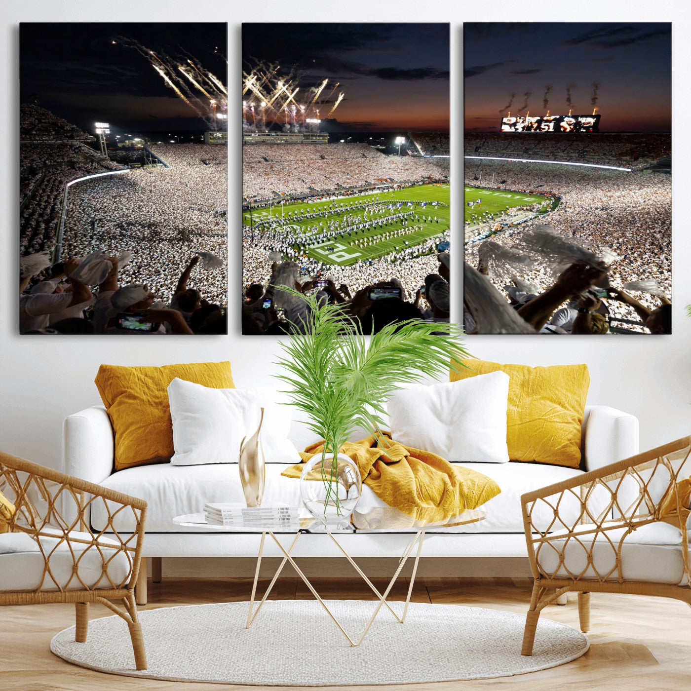 Penn-MGV-CV-36X24-Football Stadium Wall Art – Panoramic Night Game Canvas Print, Packed Crowd with Fireworks, Sports Decor for Office, Man Cave, Bar